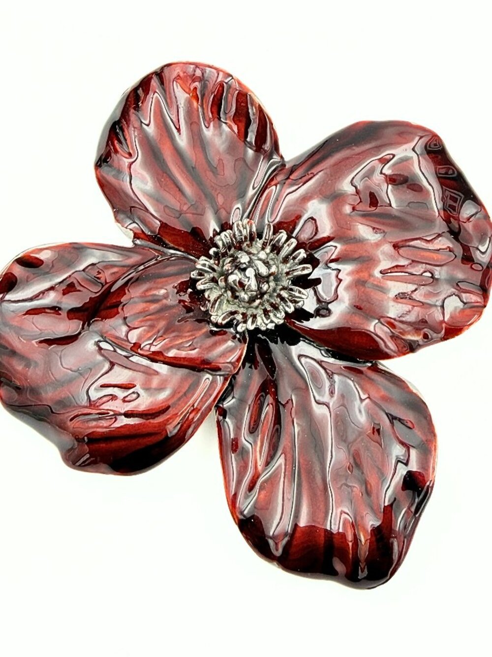 Erwin Pearl Signed Cranberry Red Enamel Poppy Dogwood Flower Brooch